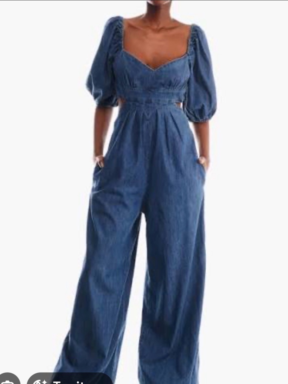 Forever 21 Blue Denim Puff-Sleeve Jumpsuit
